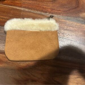 Tan Suede Women's Coin Purse with Cream Fur Trim